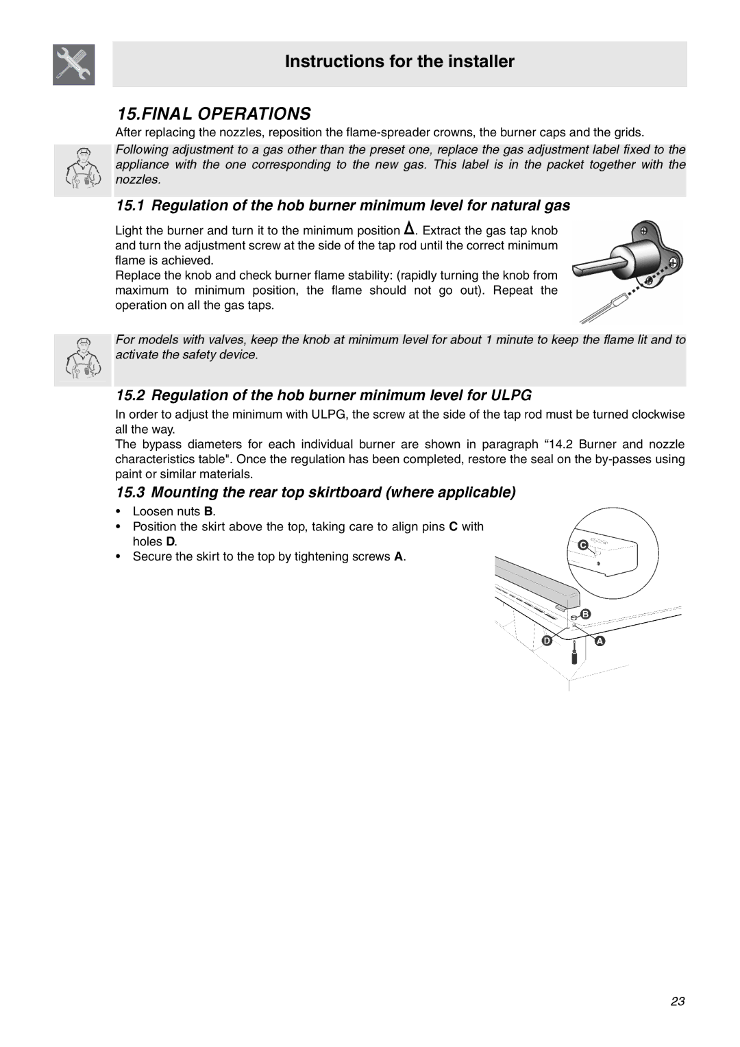 Smeg SA92MFX5 manual Final Operations, Regulation of the hob burner minimum level for natural gas 