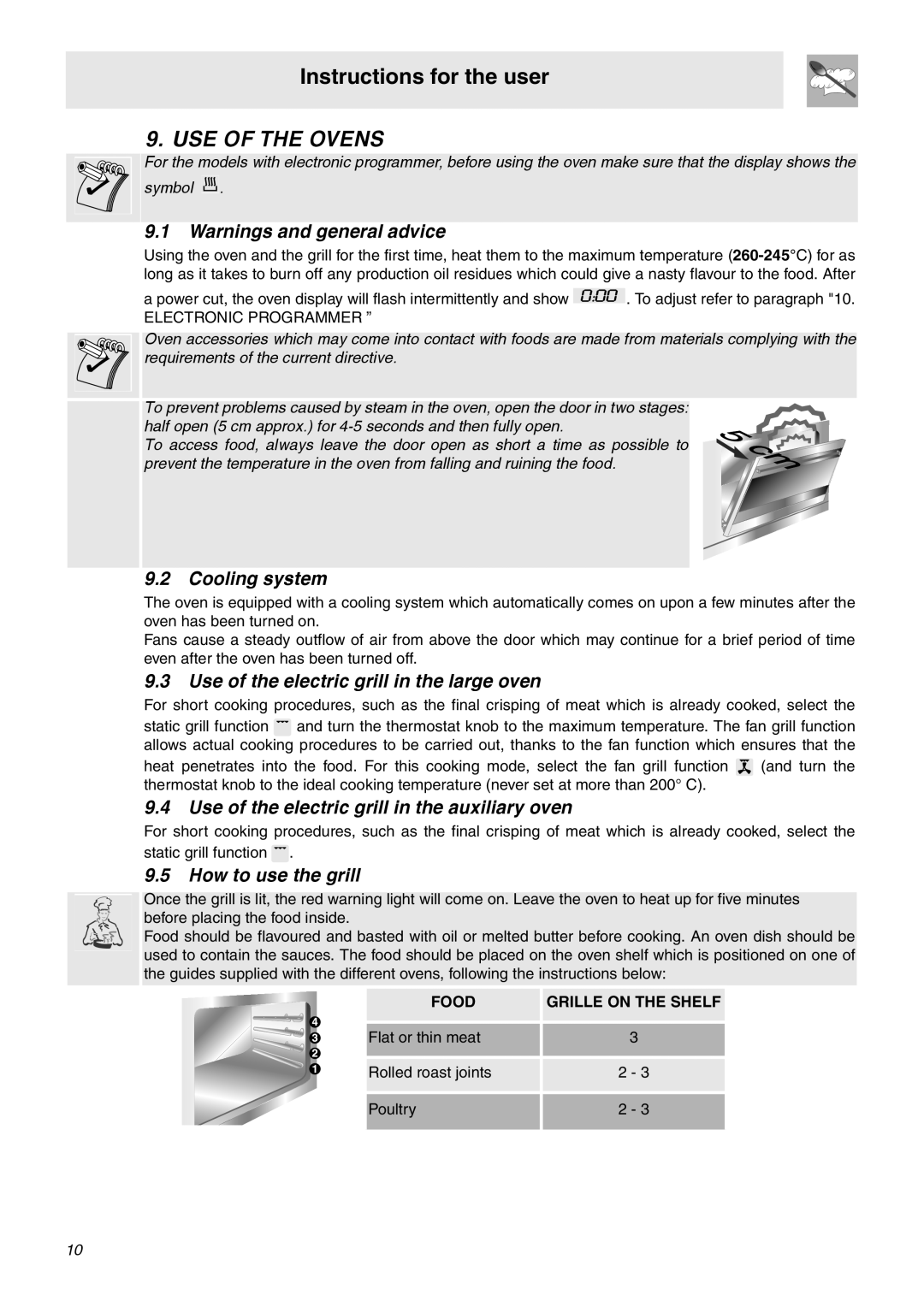 Smeg SA92MFX5 manual USE of the Ovens, Cooling system, Use of the electric grill in the large oven, How to use the grill 