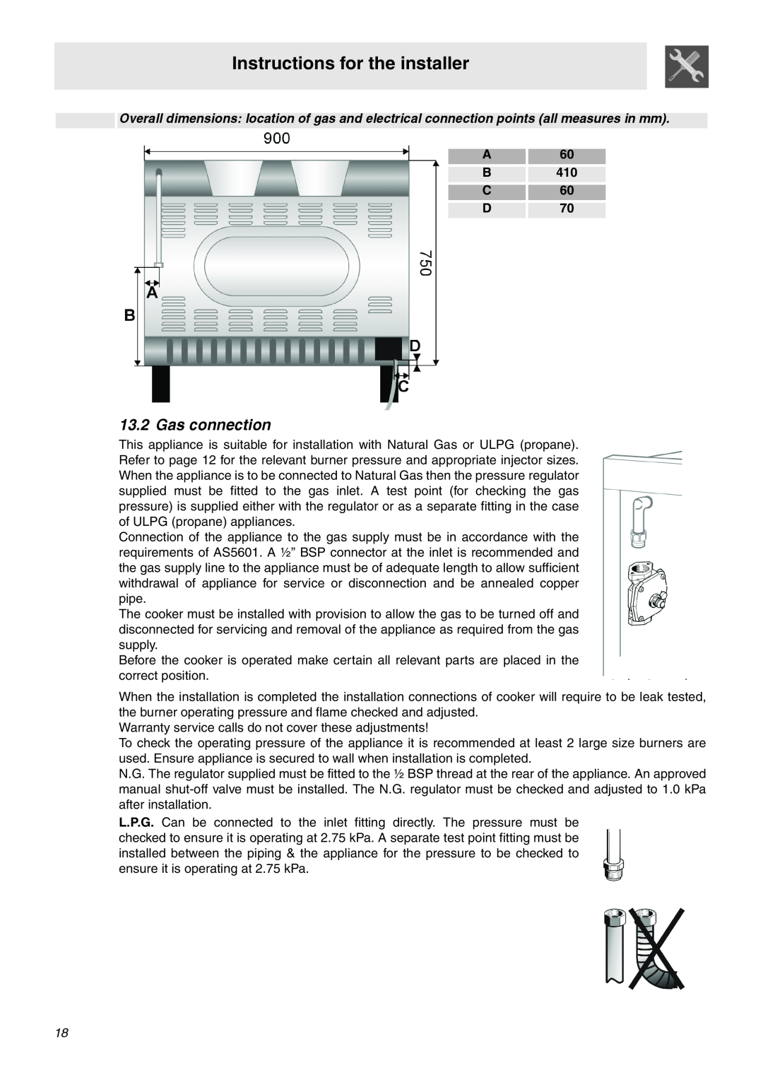 Smeg SA92MFX5 manual Gas connection, Instructions for the installer 