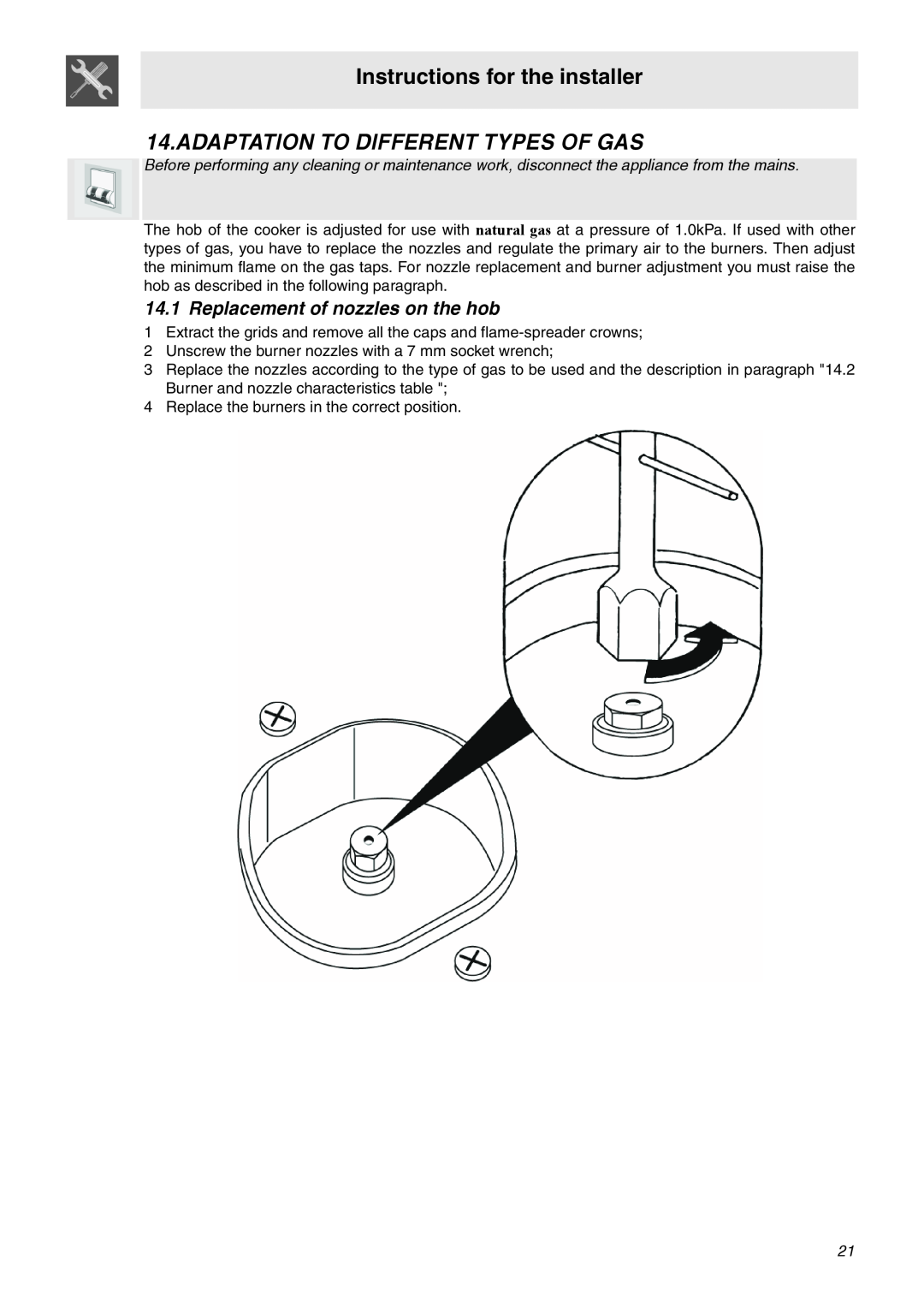 Smeg SA92MFX5 Adaptation To Different Types Of Gas, Replacement of nozzles on the hob, Instructions for the installer 