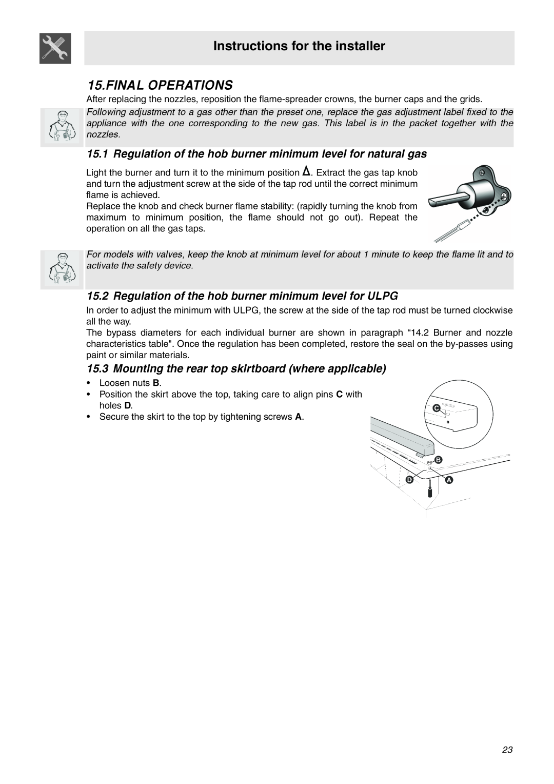 Smeg SA92MFX5 manual Final Operations, Instructions for the installer 
