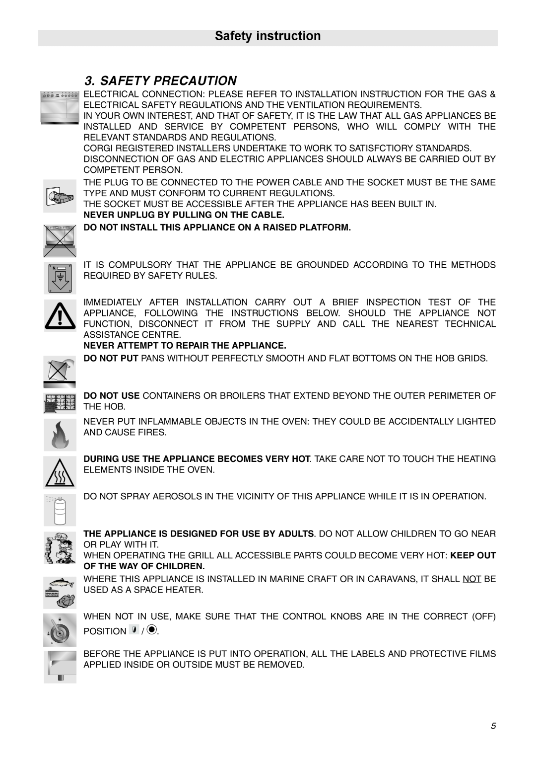 Smeg SA92MFX5 manual Safety instruction, Safety Precaution 