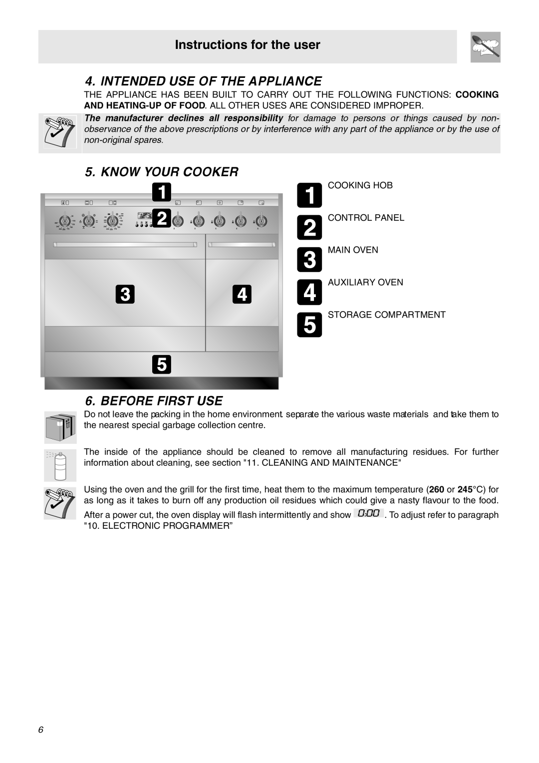Smeg SA92MFX5 manual Instructions for the user, Intended Use Of The Appliance, Know Your Cooker, Before First Use 