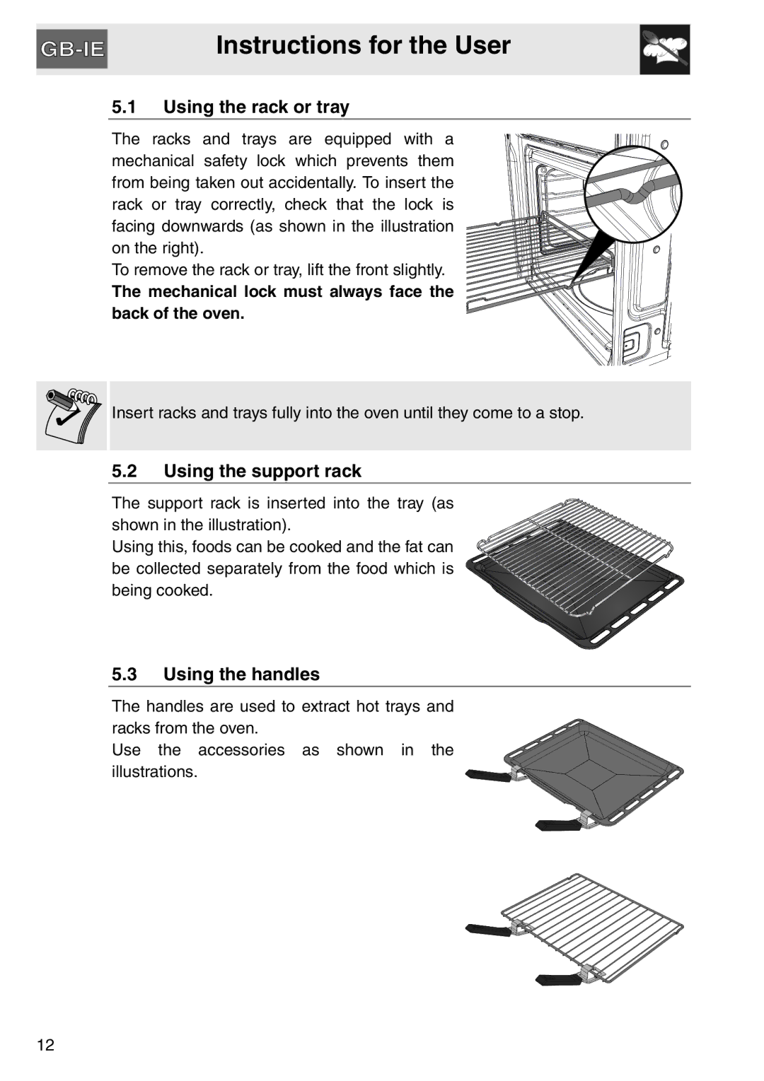 Smeg SAP112-8 manual Using the rack or tray, Using the support rack, Using the handles 