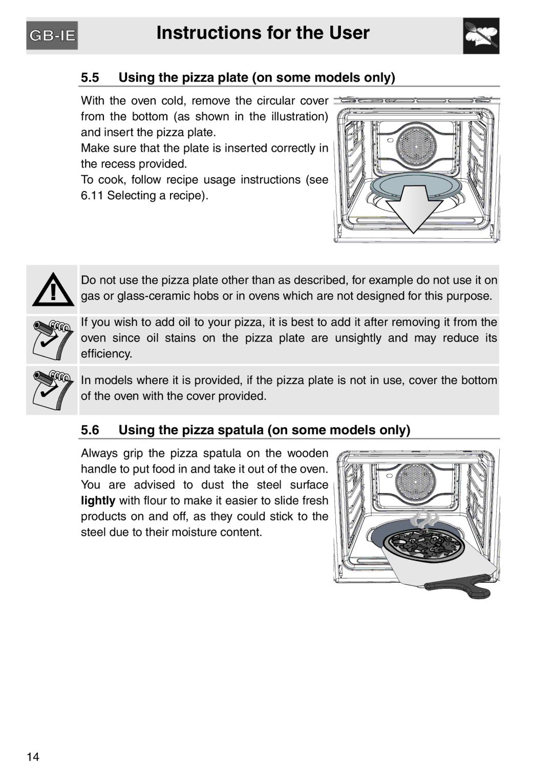 Smeg SAP112-8 manual Using the pizza plate on some models only, Using the pizza spatula on some models only 