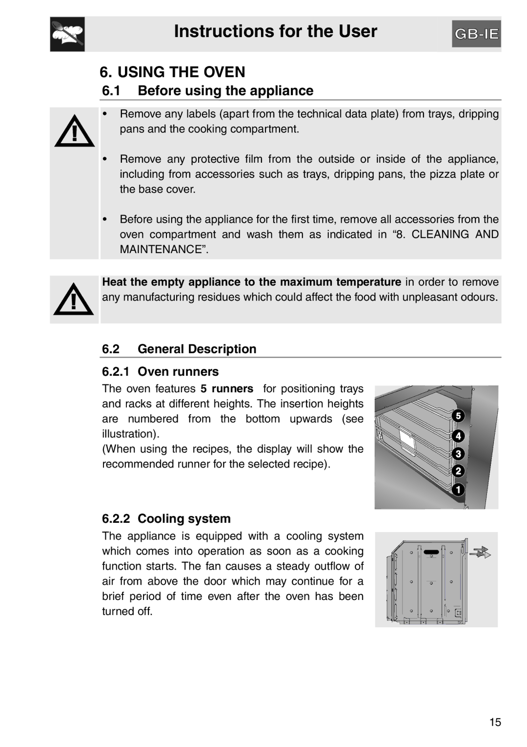 Smeg SAP112-8 manual Using the Oven, General Description Oven runners, Cooling system 