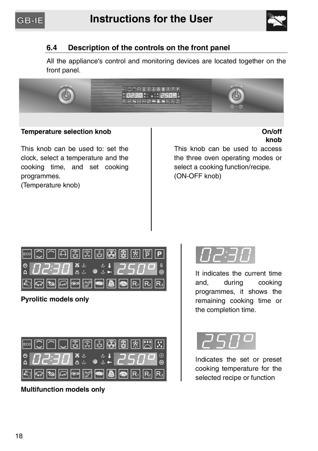 Smeg SAP112-8 manual Description of the controls on the front panel, Temperature selection knob 