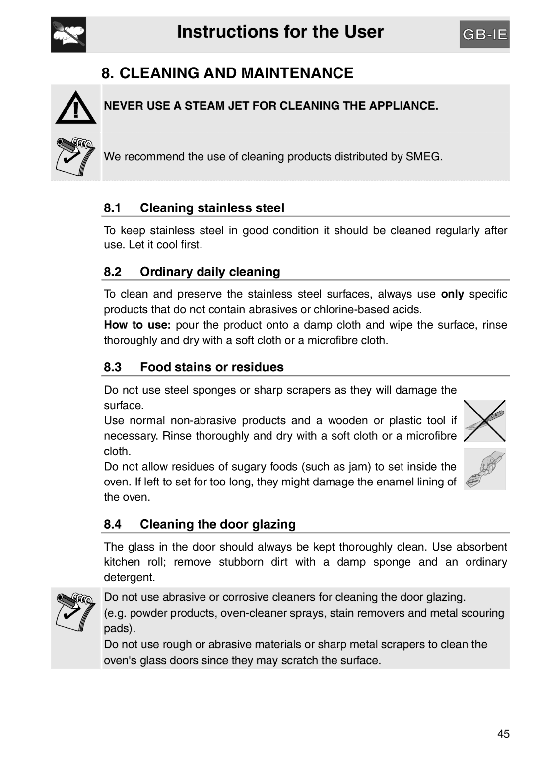 Smeg SAP112-8 manual Cleaning and Maintenance, Cleaning stainless steel, Ordinary daily cleaning, Food stains or residues 