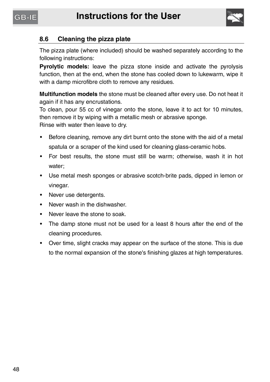 Smeg SAP112-8 manual Cleaning the pizza plate 