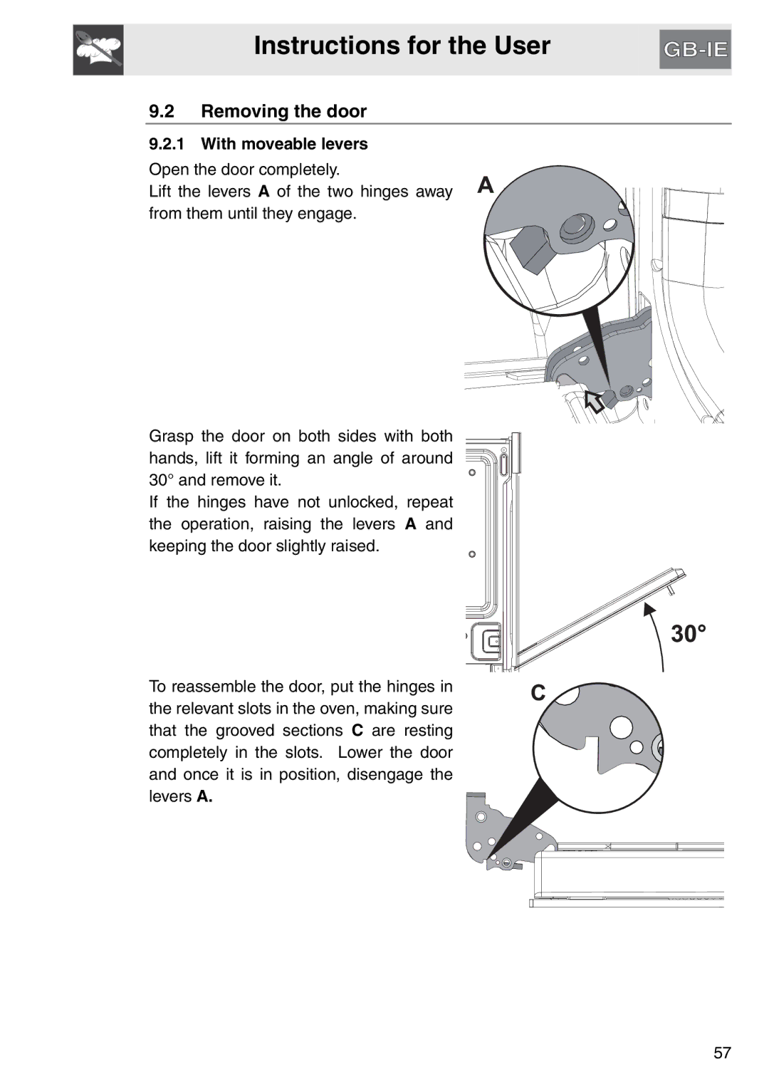 Smeg SAP112-8 manual Removing the door, With moveable levers 