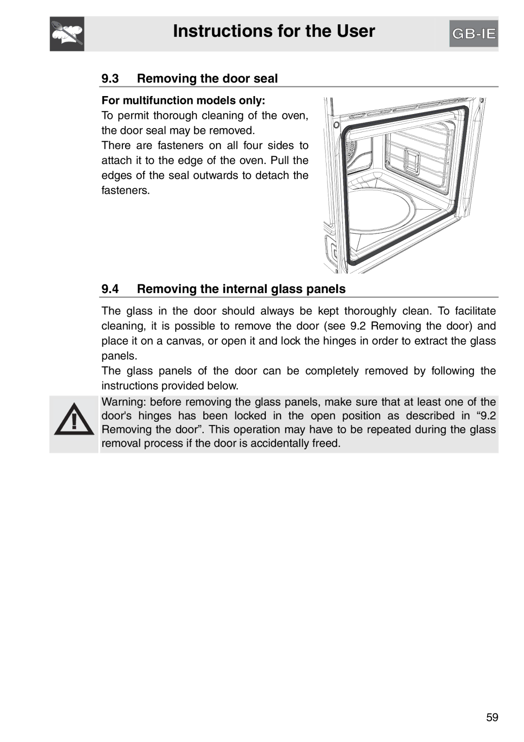 Smeg SAP112-8 manual Removing the door seal, Removing the internal glass panels, For multifunction models only 