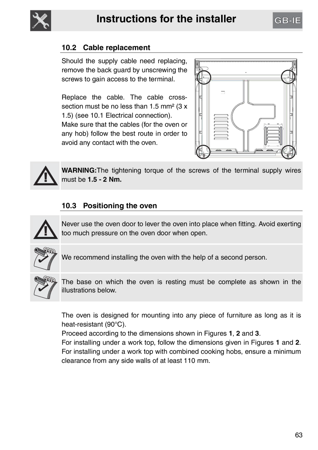 Smeg SAP112-8 manual Cable replacement, Positioning the oven, Must be 1.5 2 Nm 