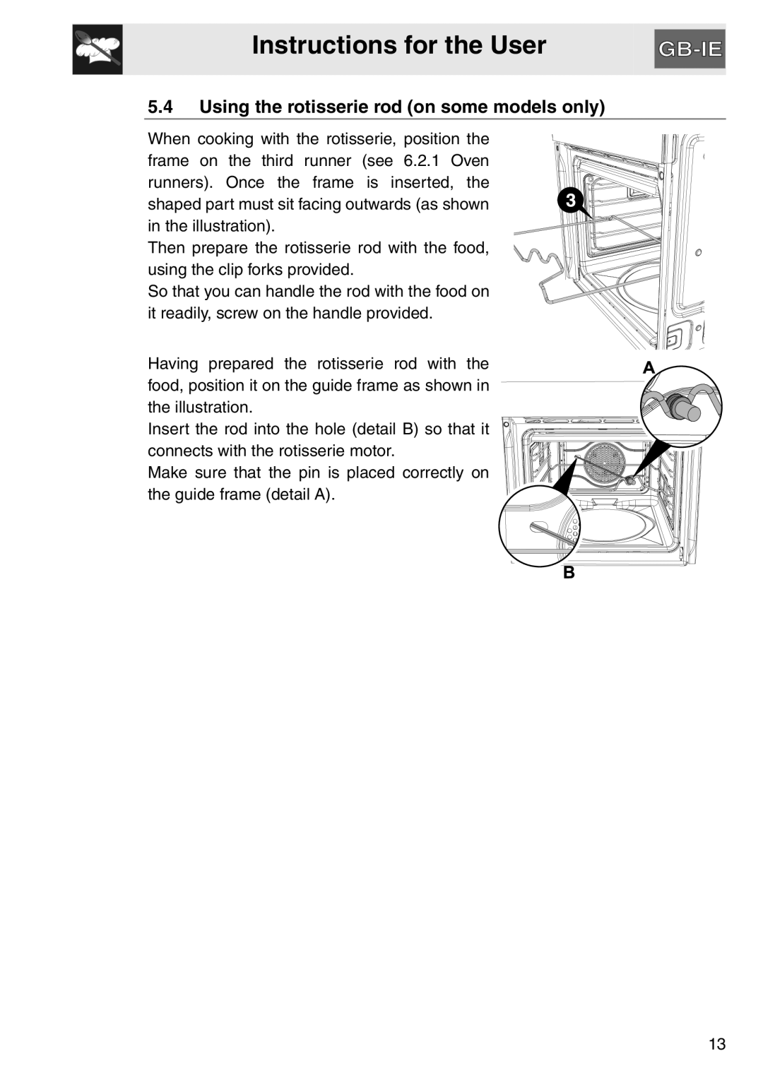 Smeg SAP112-8 manual Instructions for the User, 5.4Using the rotisserie rod on some models only 