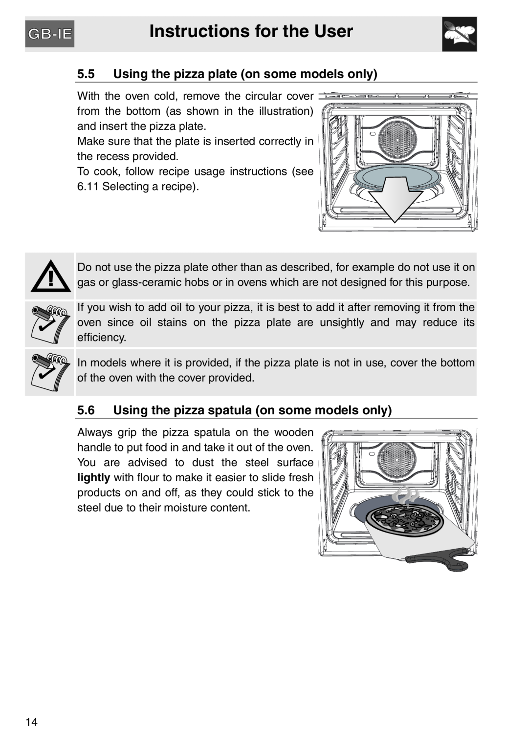 Smeg SAP112-8 manual Instructions for the User, 5.5Using the pizza plate on some models only 