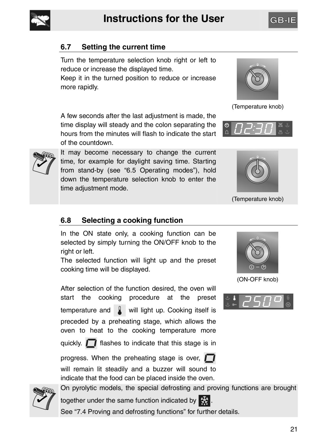 Smeg SAP112-8 manual Instructions for the User, 6.7Setting the current time, 6.8Selecting a cooking function 