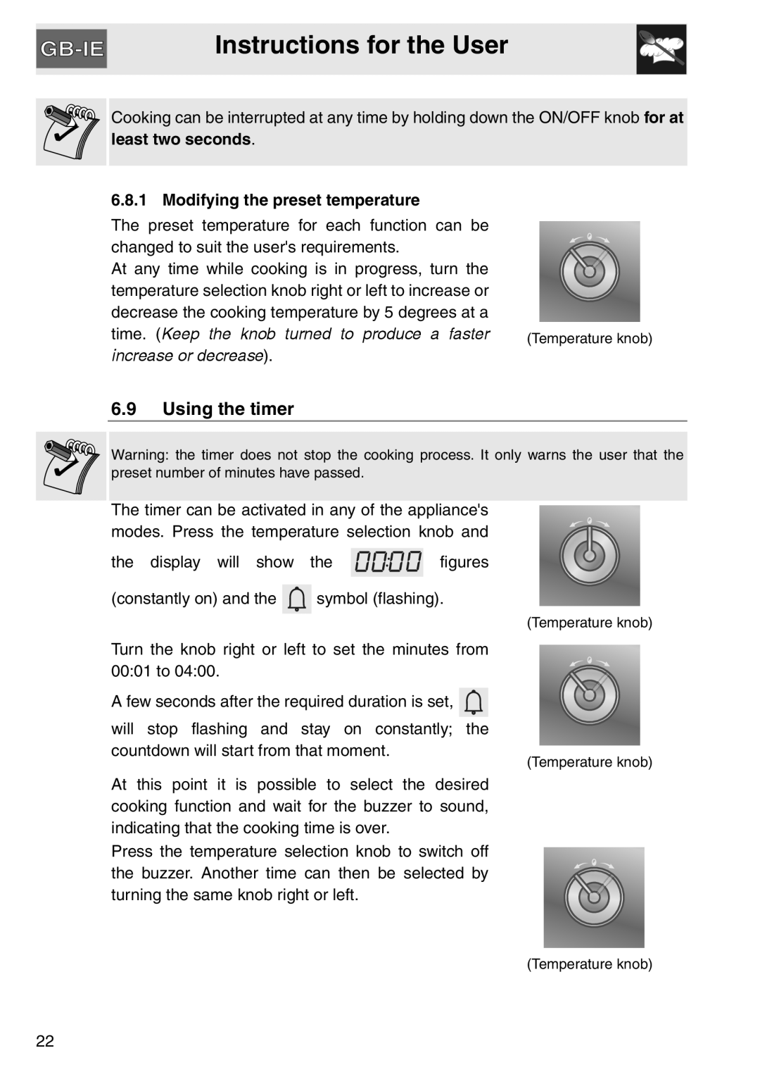 Smeg SAP112-8 manual Instructions for the User, 6.9Using the timer, least two seconds, Modifying the preset temperature 