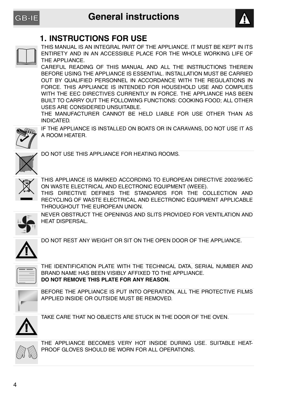 Smeg SAP112-8 manual General instructions, Instructions For Use, Do Not Remove This Plate For Any Reason 