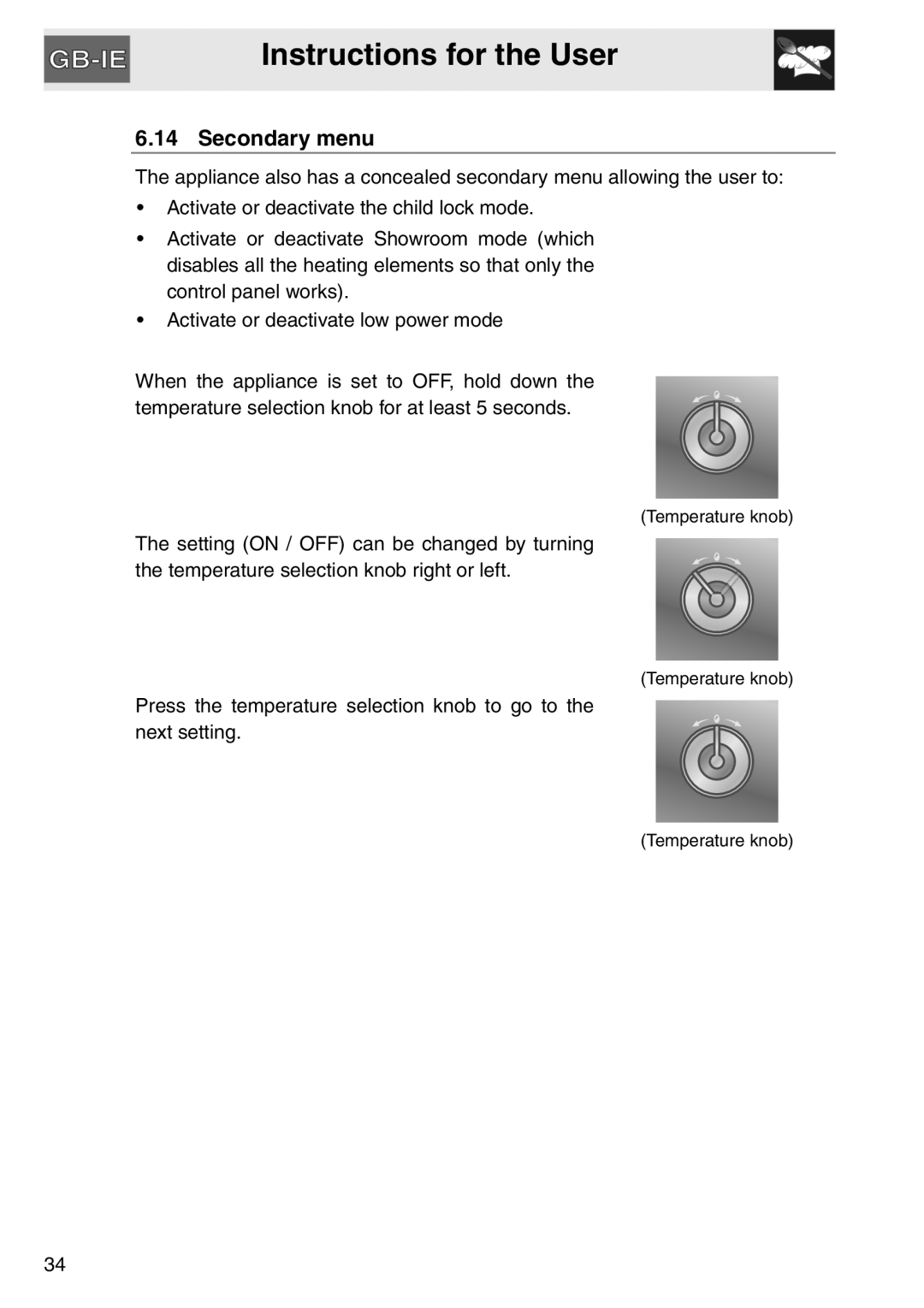 Smeg SAP112-8 manual Instructions for the User, Secondary menu 
