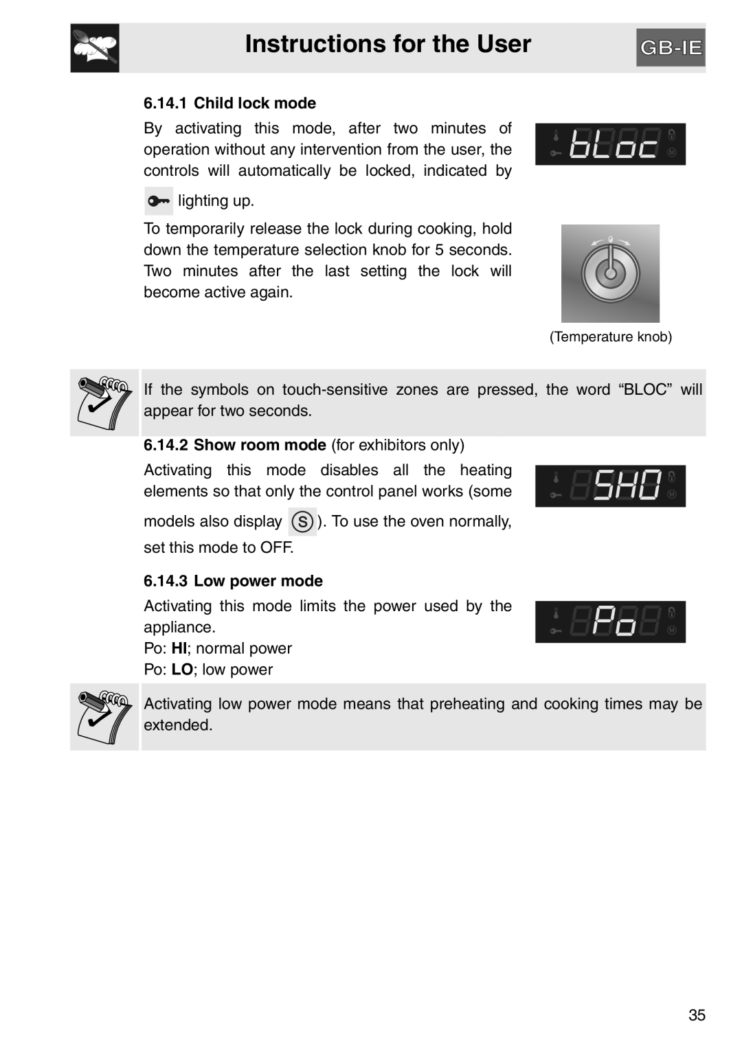 Smeg SAP112-8 manual Instructions for the User, Child lock mode, Low power mode 