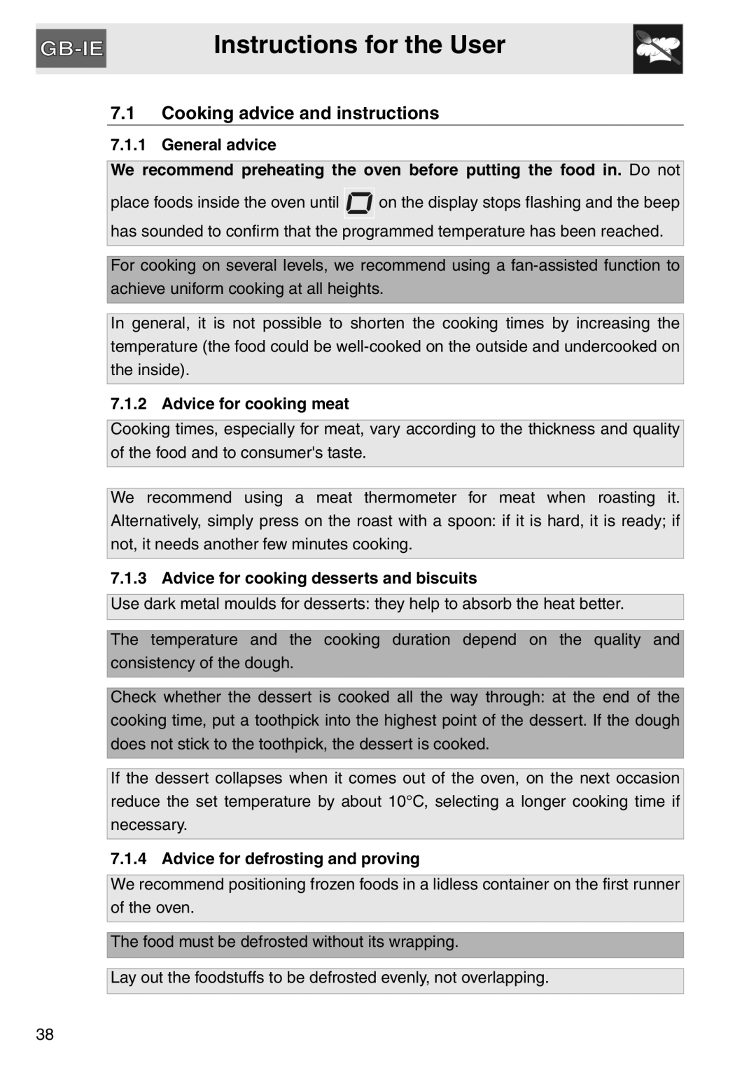 Smeg SAP112-8 Instructions for the User, General advice, Advice for cooking meat, Advice for cooking desserts and biscuits 