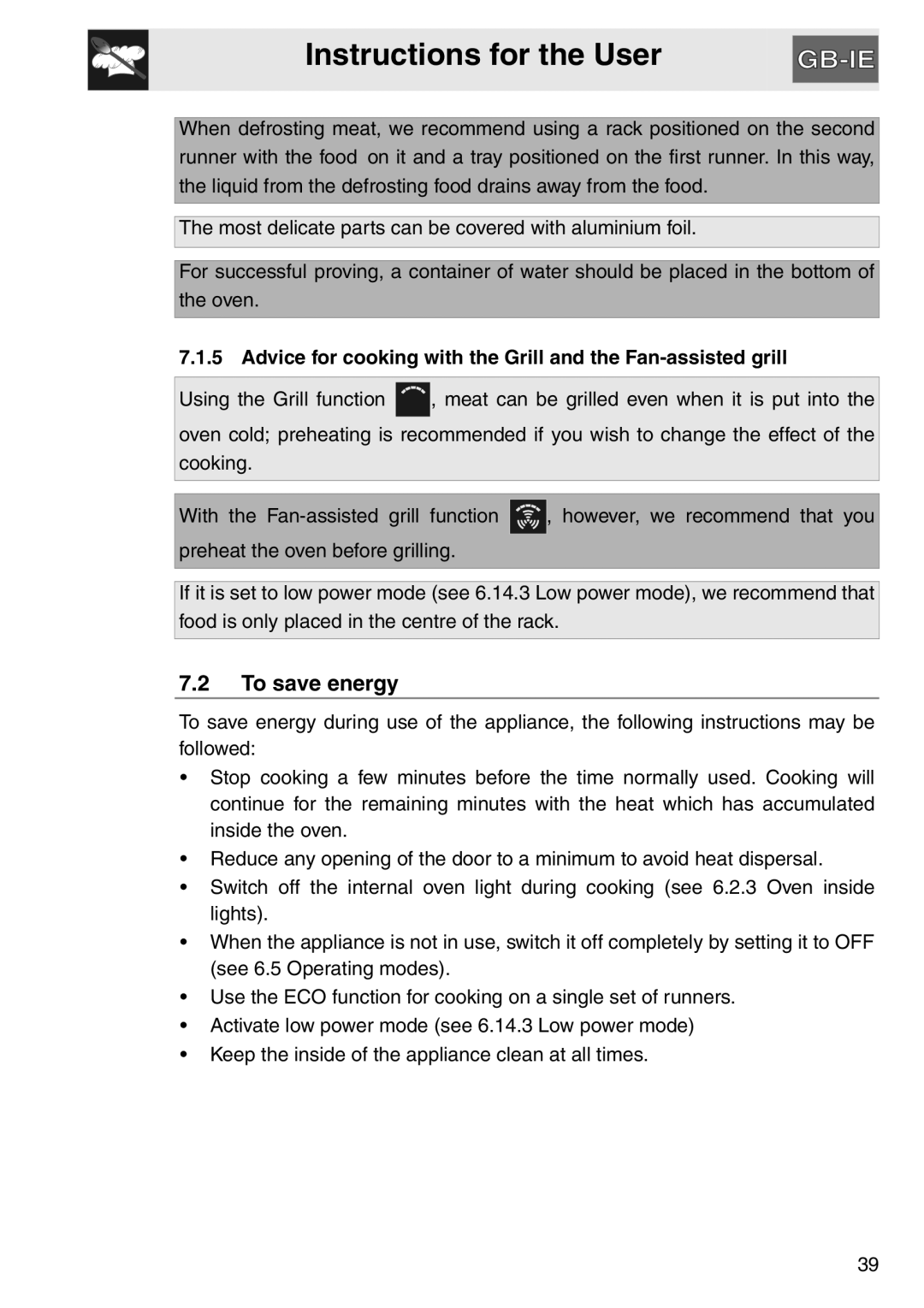 Smeg SAP112-8 manual Instructions for the User, 7.2To save energy 