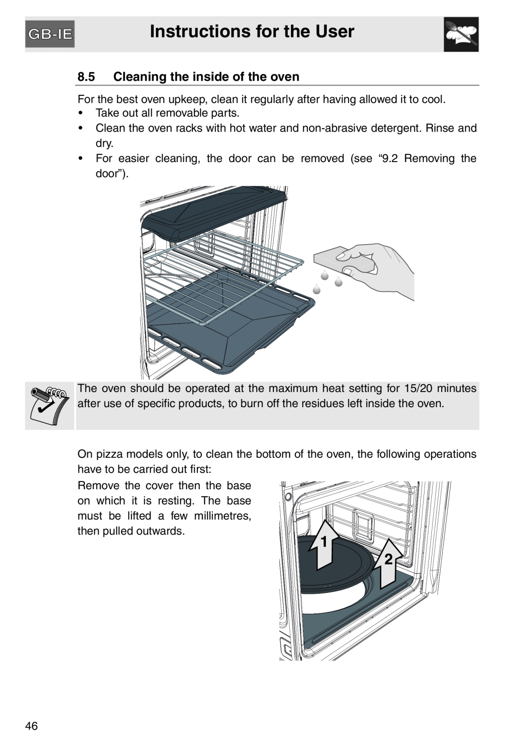Smeg SAP112-8 manual Instructions for the User, 8.5Cleaning the inside of the oven 