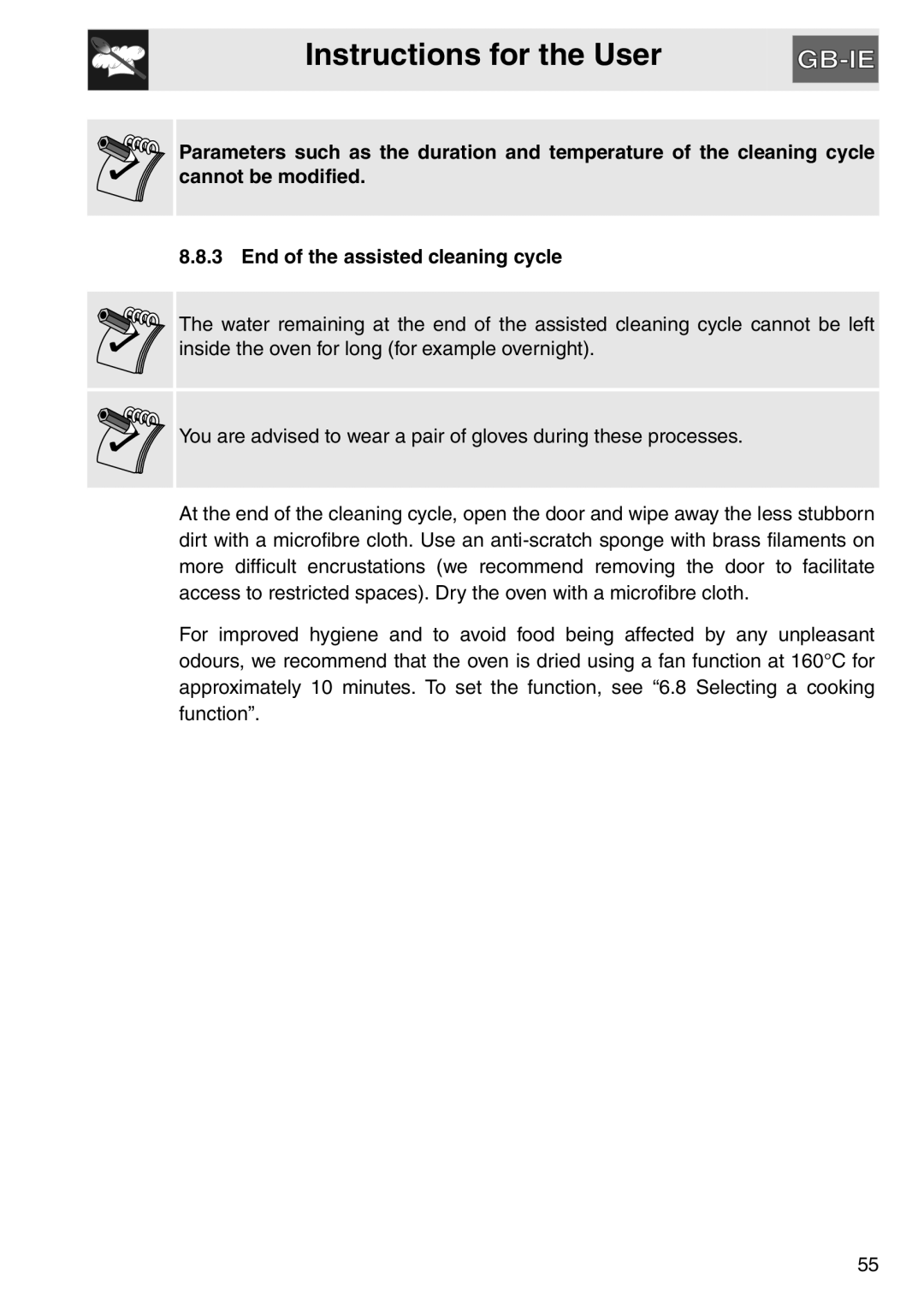 Smeg SAP112-8 manual Instructions for the User, End of the assisted cleaning cycle 