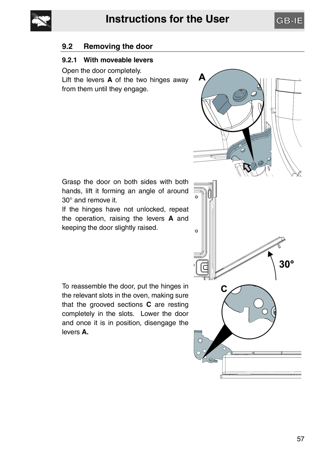 Smeg SAP112-8 manual Instructions for the User, 9.2Removing the door, With moveable levers 