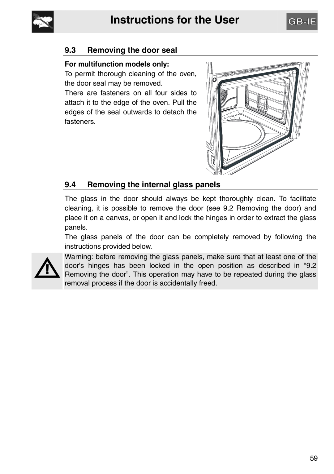 Smeg SAP112-8 manual Instructions for the User, 9.3Removing the door seal, 9.4Removing the internal glass panels 