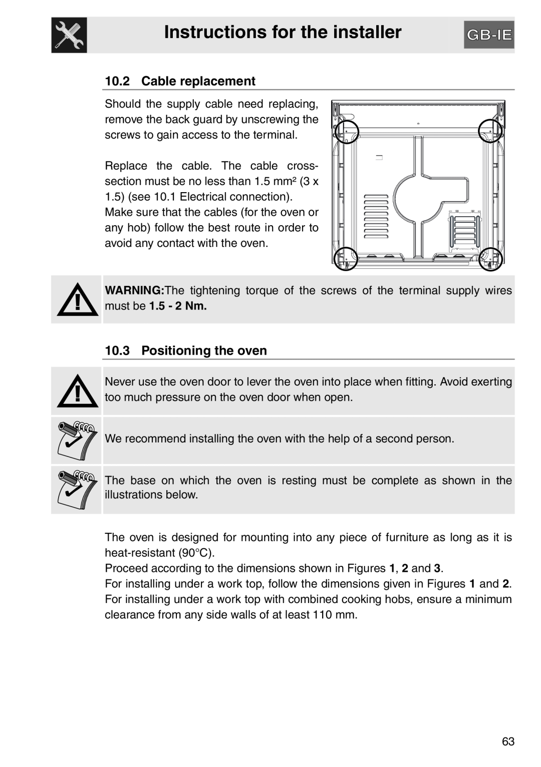 Smeg SAP112-8 manual Instructions for the installer, Cable replacement, Positioning the oven, must be 1.5 - 2 Nm 