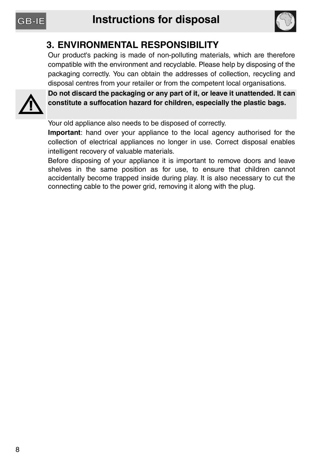 Smeg SAP112-8 manual Instructions for disposal, Environmental Responsibility 