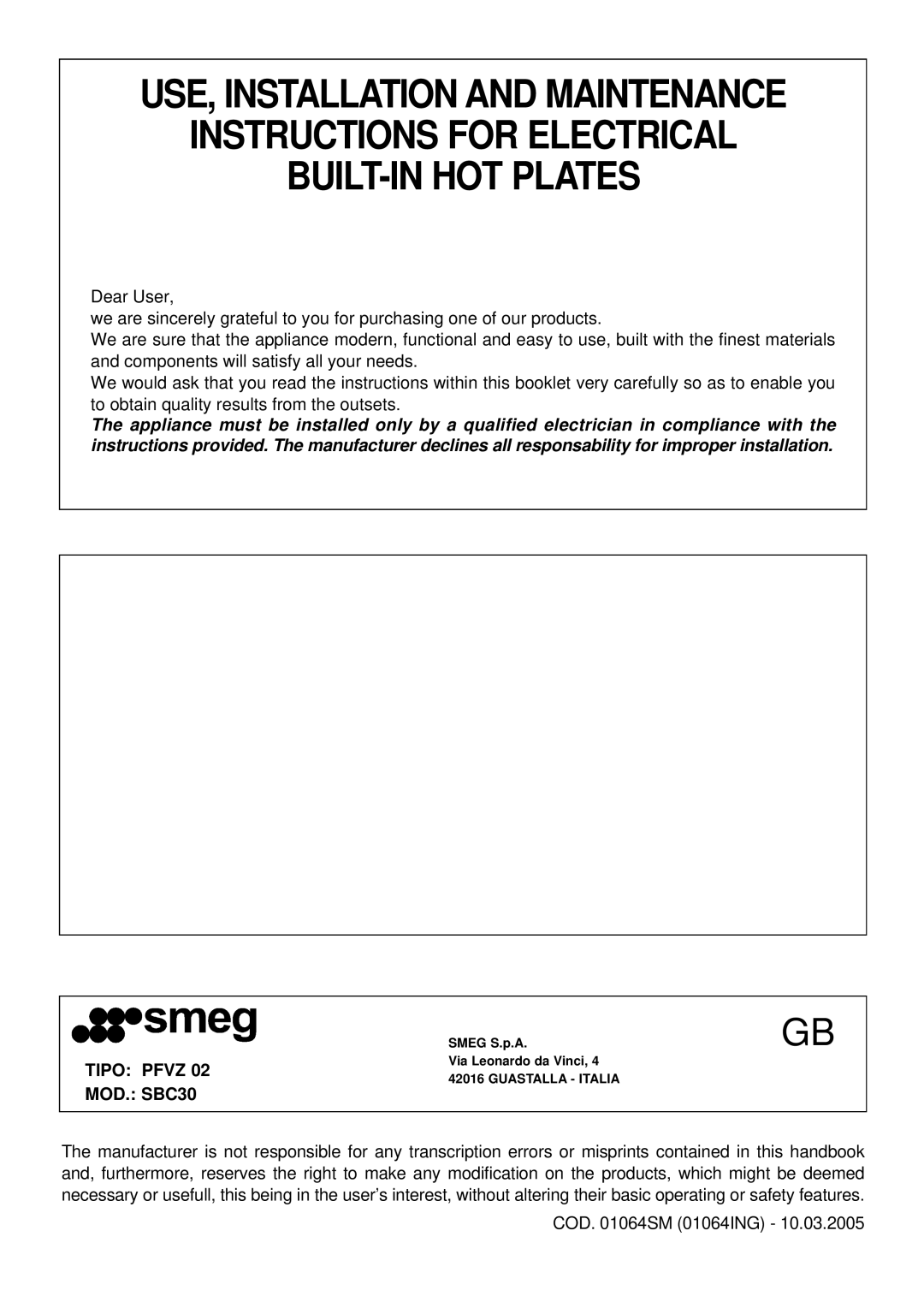 Smeg SBC30 manual Use, Installation And Maintenance, Instructions For Electrical Built-Inhot Plates 