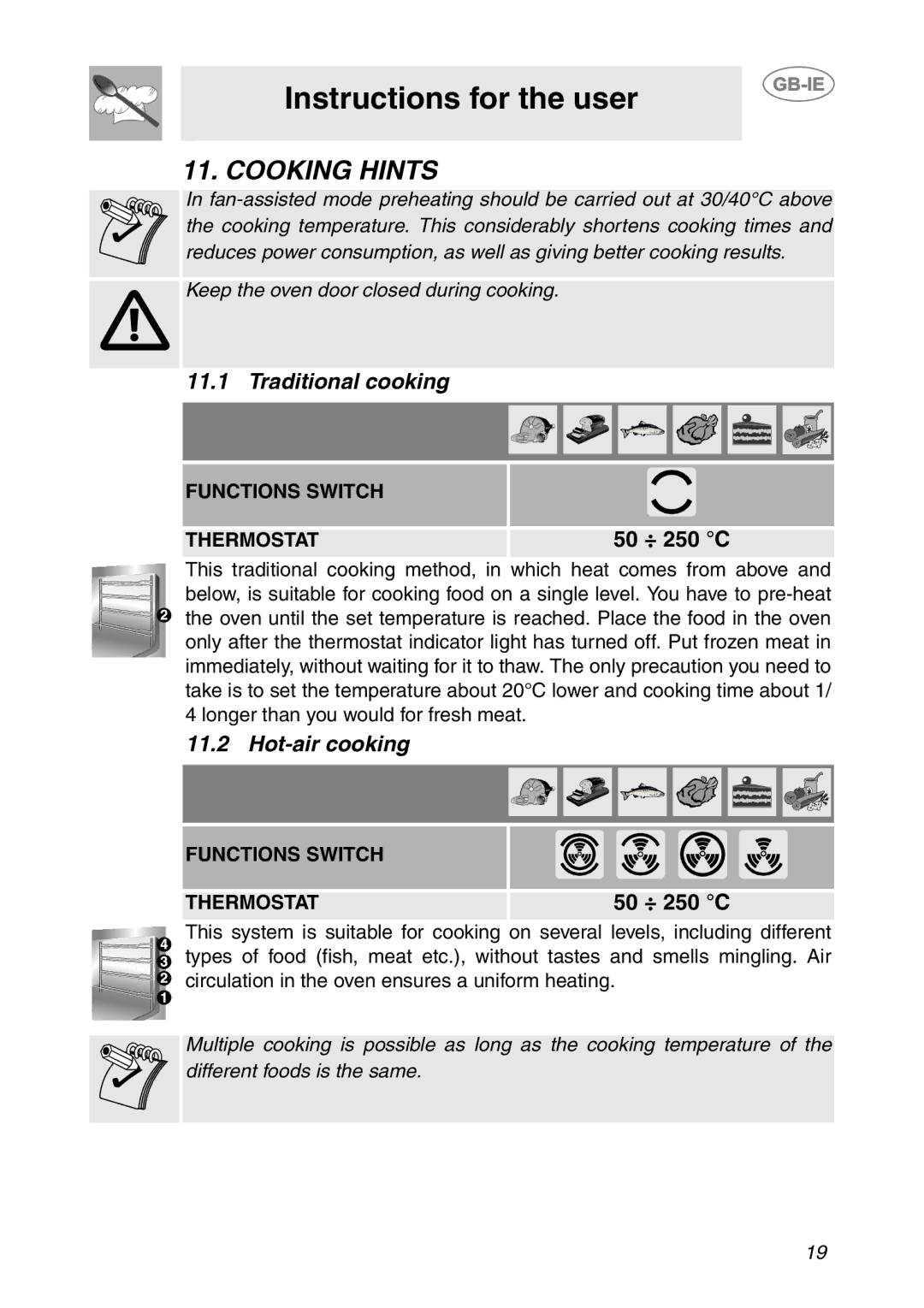 Smeg SC061MFX, SC081MFX, SC041MFX manual Cooking Hints, Traditional cooking, Hot-air cooking 