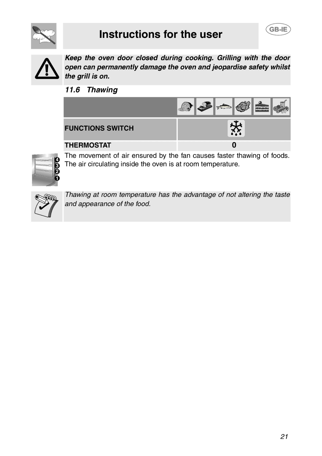 Smeg SC041MFX, SC081MFX, SC061MFX manual Thawing 