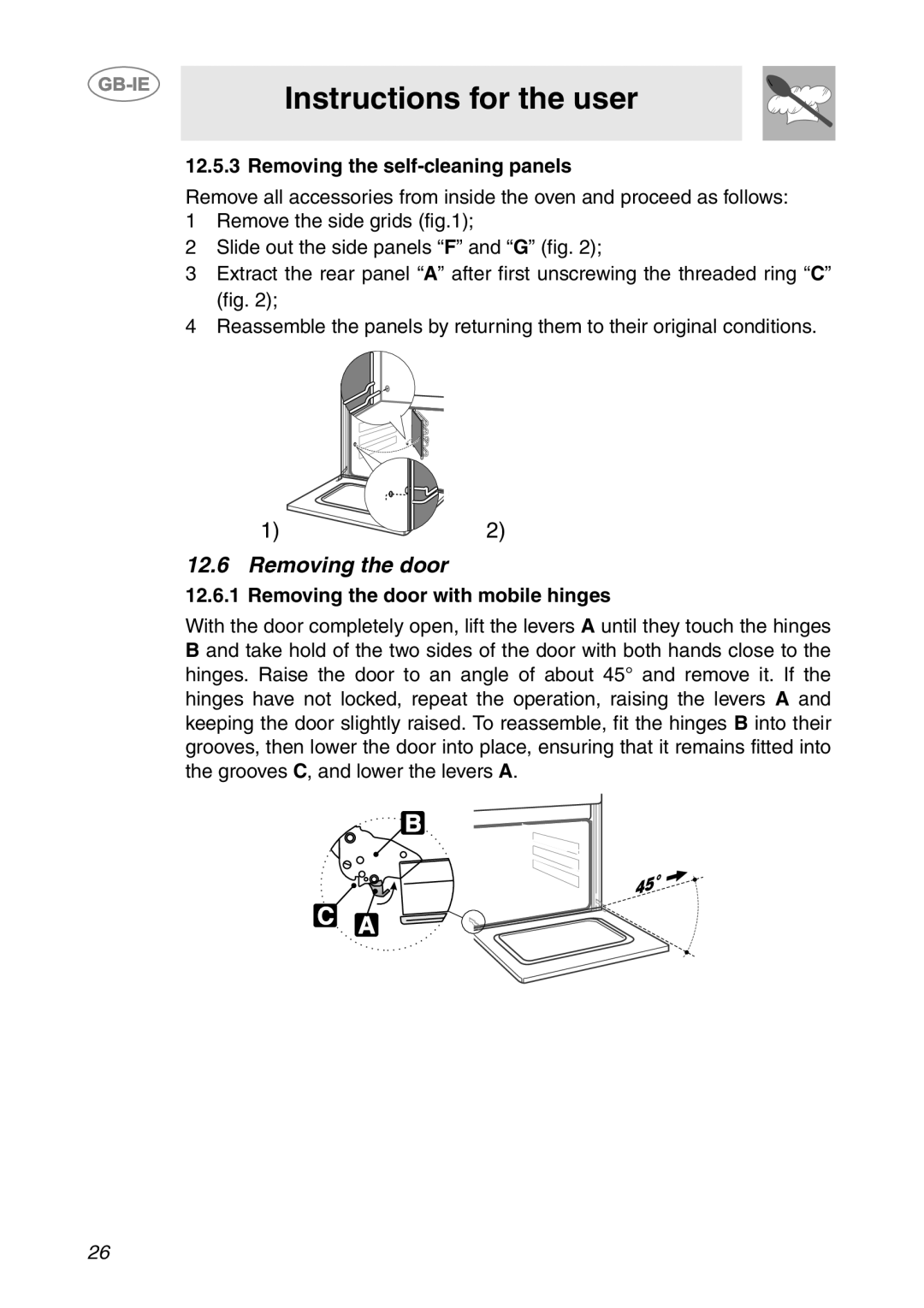 Smeg SC081MFX, SC041MFX, SC061MFX manual Removing the self-cleaning panels, Removing the door with mobile hinges 