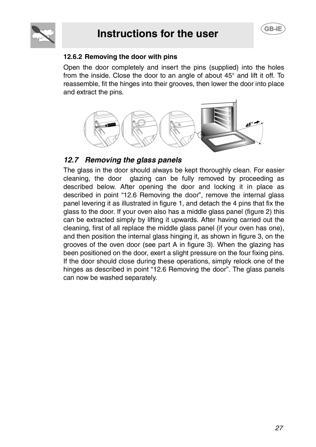 Smeg SC041MFX, SC081MFX, SC061MFX manual Removing the glass panels, Removing the door with pins 