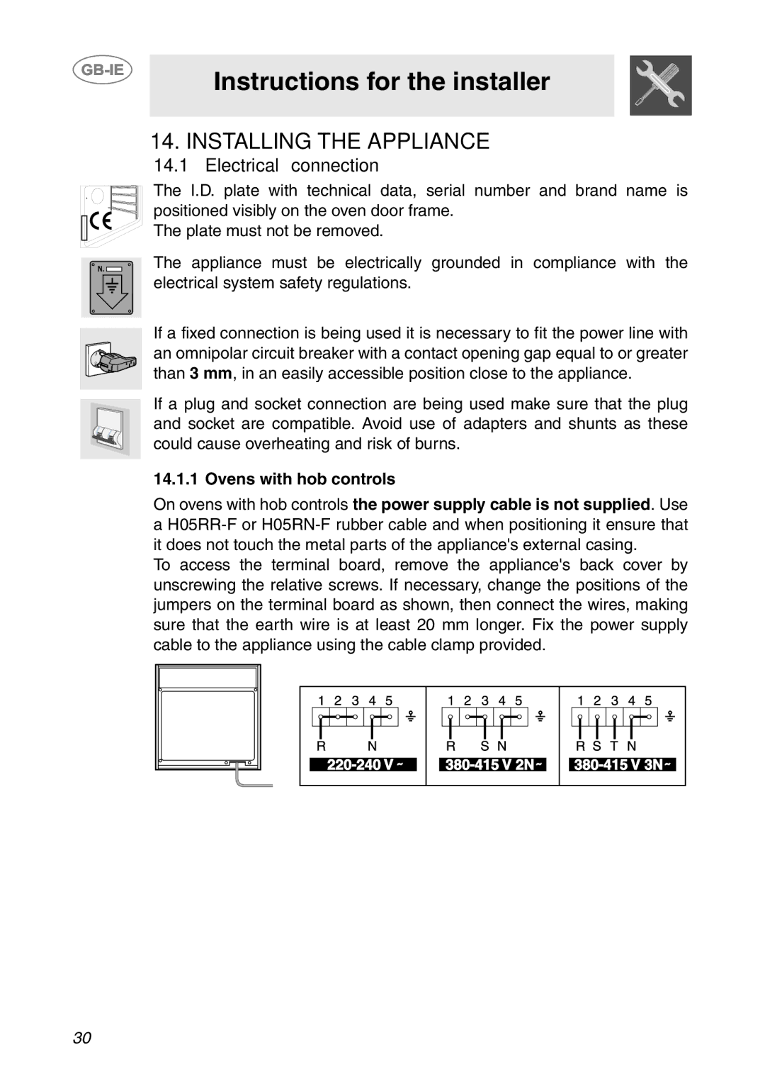 Smeg SC041MFX, SC081MFX, SC061MFX manual Instructions for the installer, Installing the Appliance, Electrical connection 