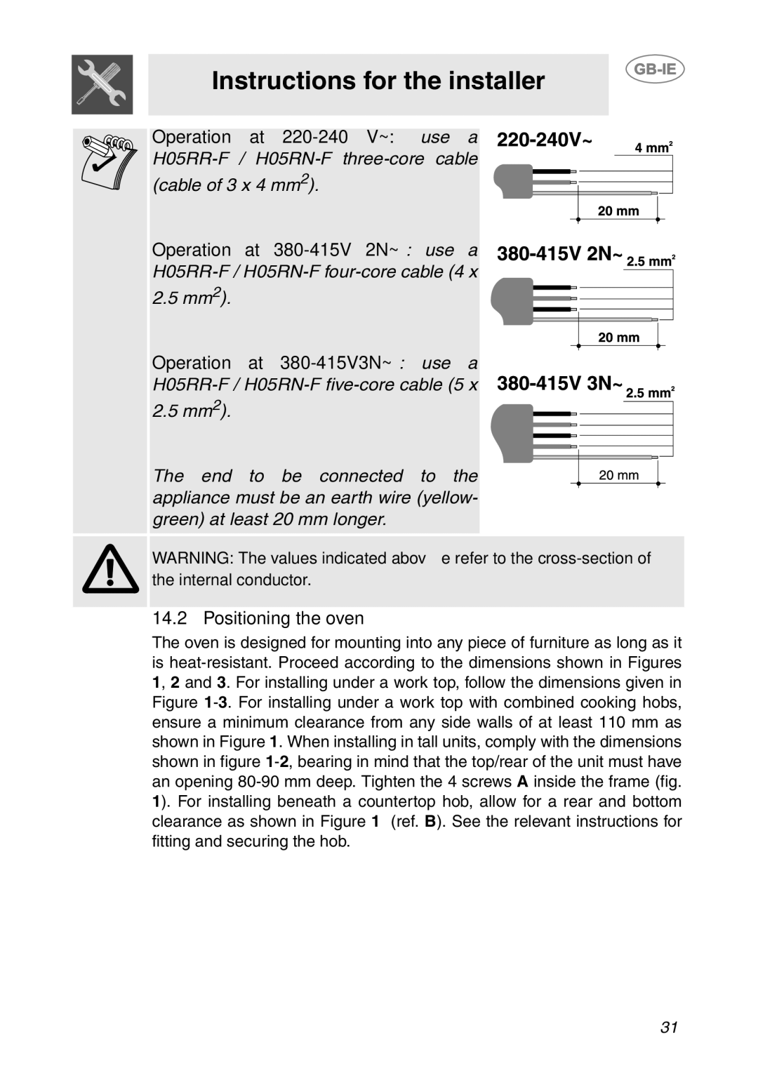 Smeg SC061MFX, SC081MFX, SC041MFX manual Positioning the oven 