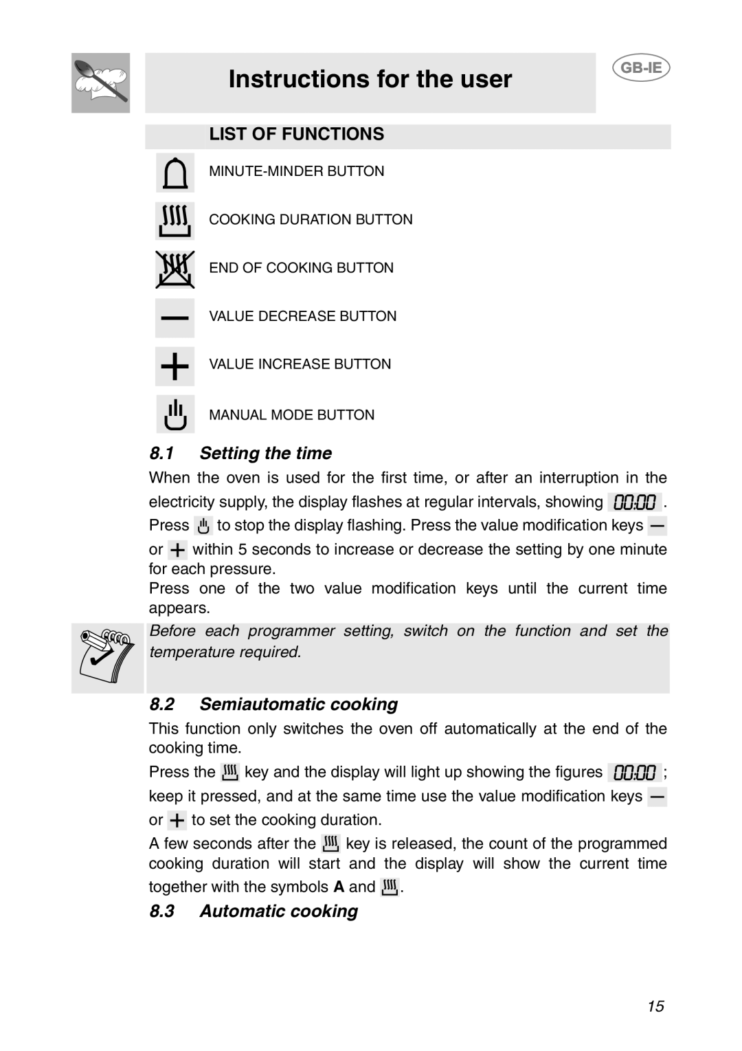 Smeg SC06MFX, SC08MFX, SC04MFX manual Setting the time, Semiautomatic cooking, Automatic cooking 