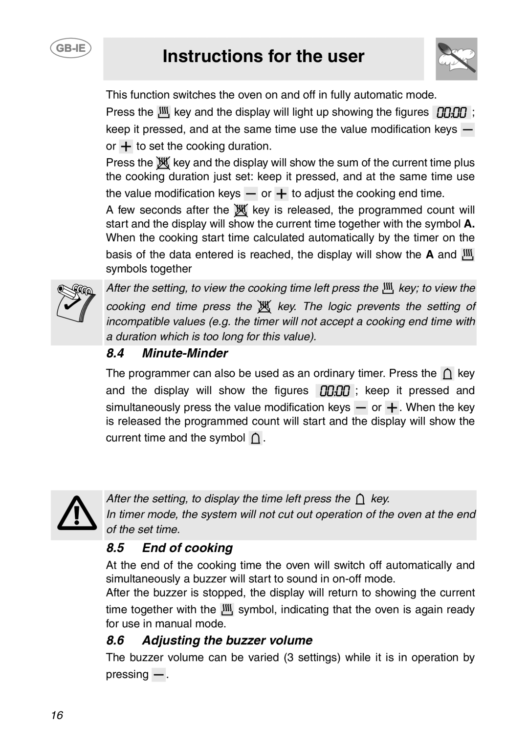 Smeg SC04MFX, SC08MFX, SC06MFX manual Minute-Minder, End of cooking, Adjusting the buzzer volume 