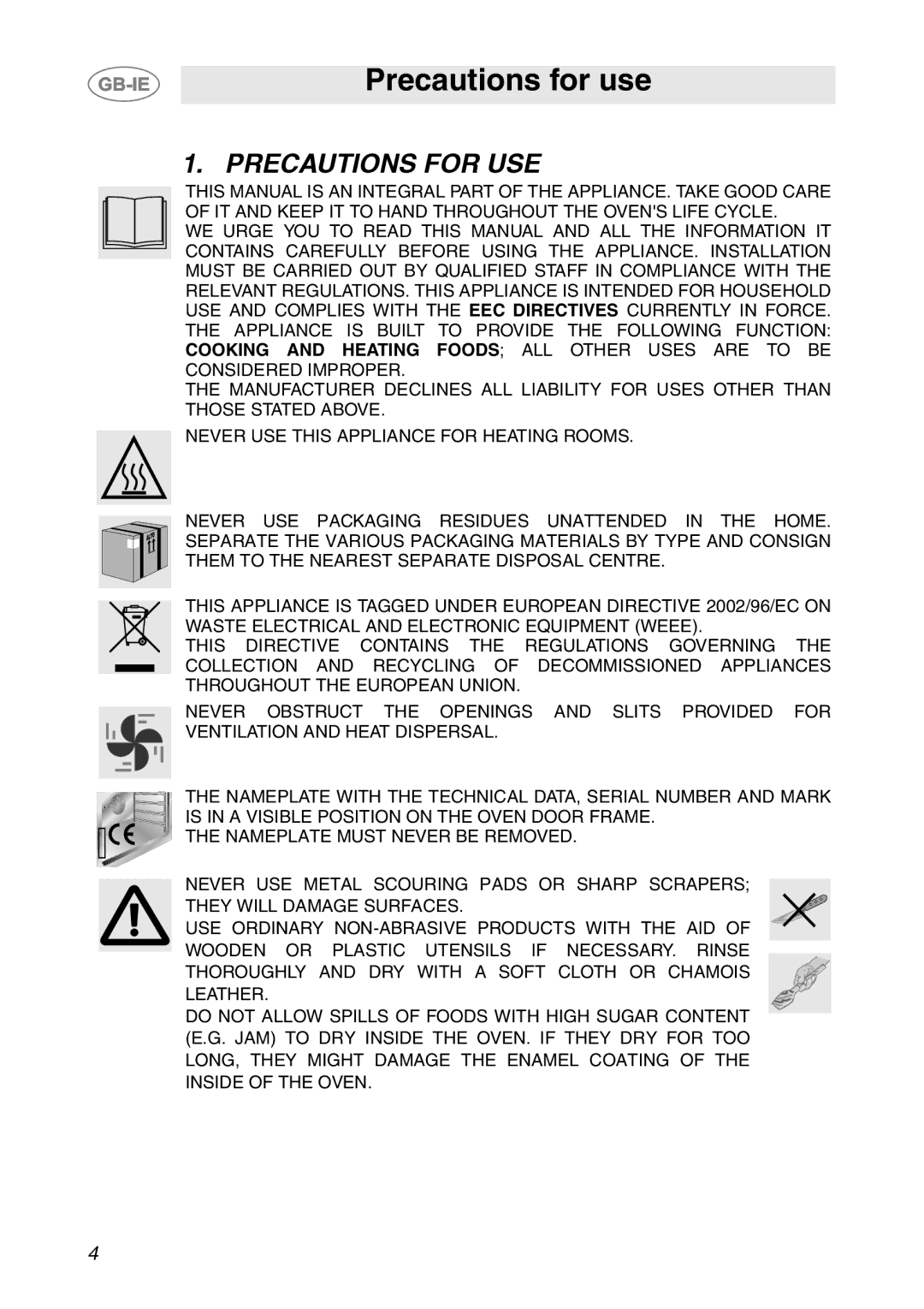 Smeg SC04MFX, SC08MFX, SC06MFX manual Precautions for use, Precautions for USE 