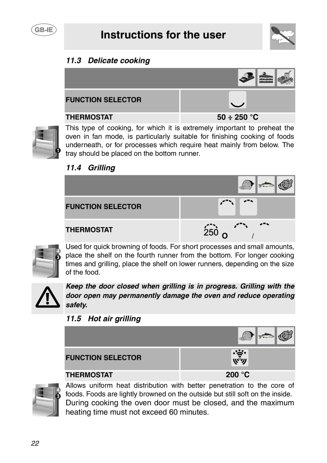 Smeg SC04MFX, SC08MFX, SC06MFX manual Delicate cooking, Grilling, Hot air grilling 