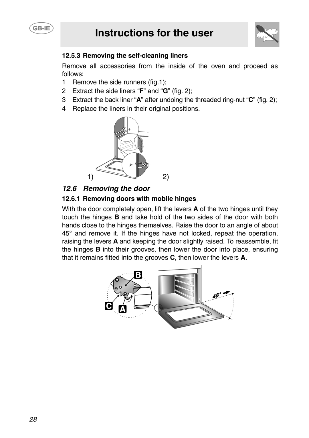 Smeg SC04MFX, SC08MFX, SC06MFX manual Removing the door, Removing the self-cleaning liners, Removing doors with mobile hinges 