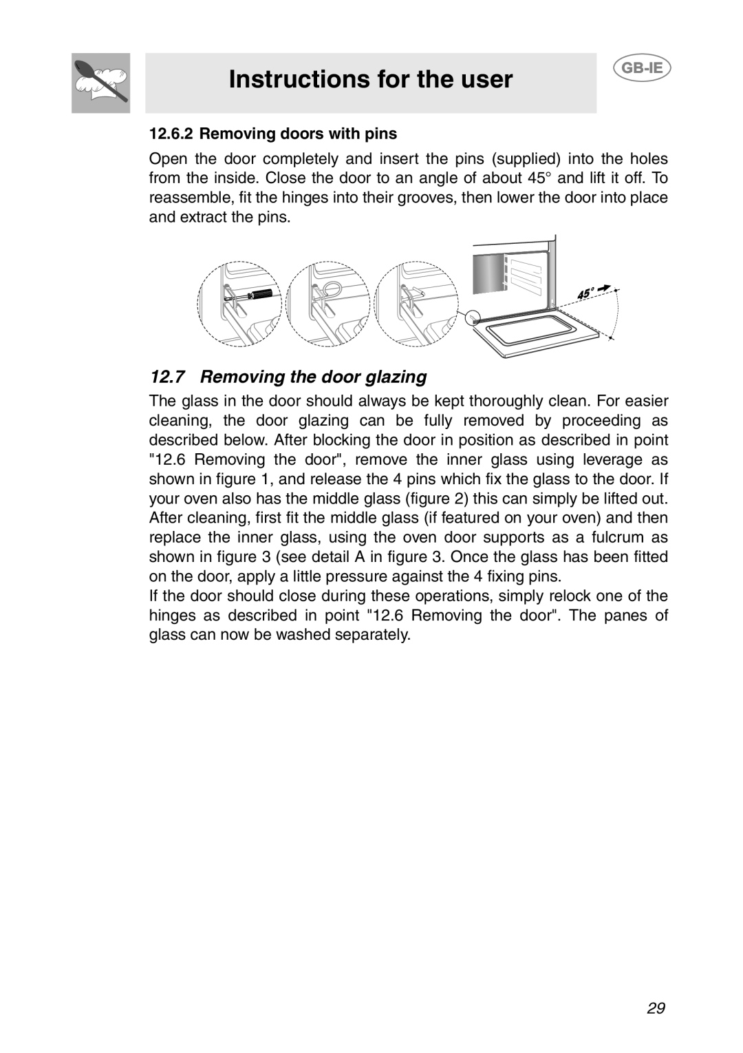 Smeg SC08MFX, SC06MFX, SC04MFX manual Removing the door glazing, Removing doors with pins 