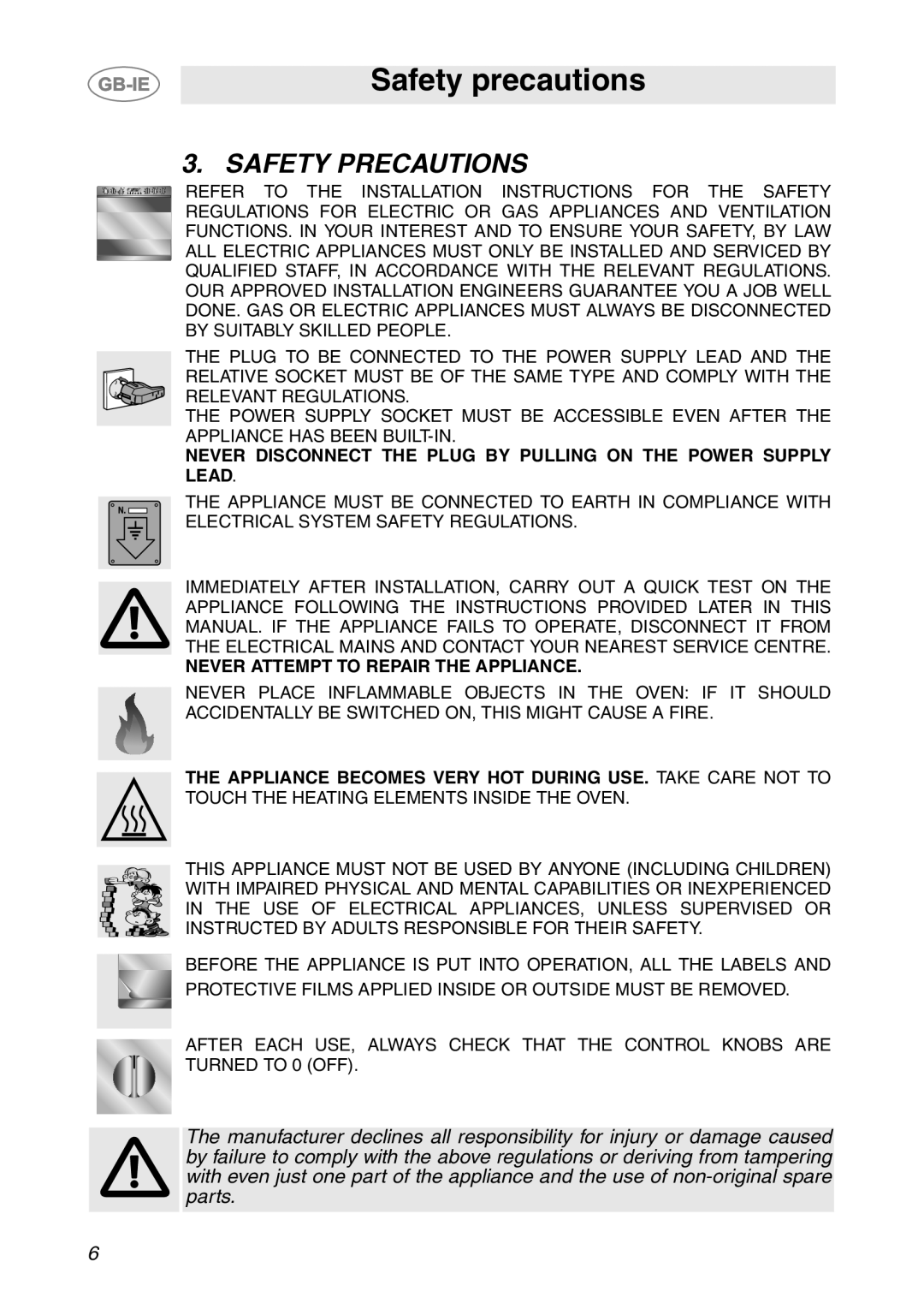 Smeg SC06MFX, SC08MFX, SC04MFX manual Safety precautions, Safety Precautions 