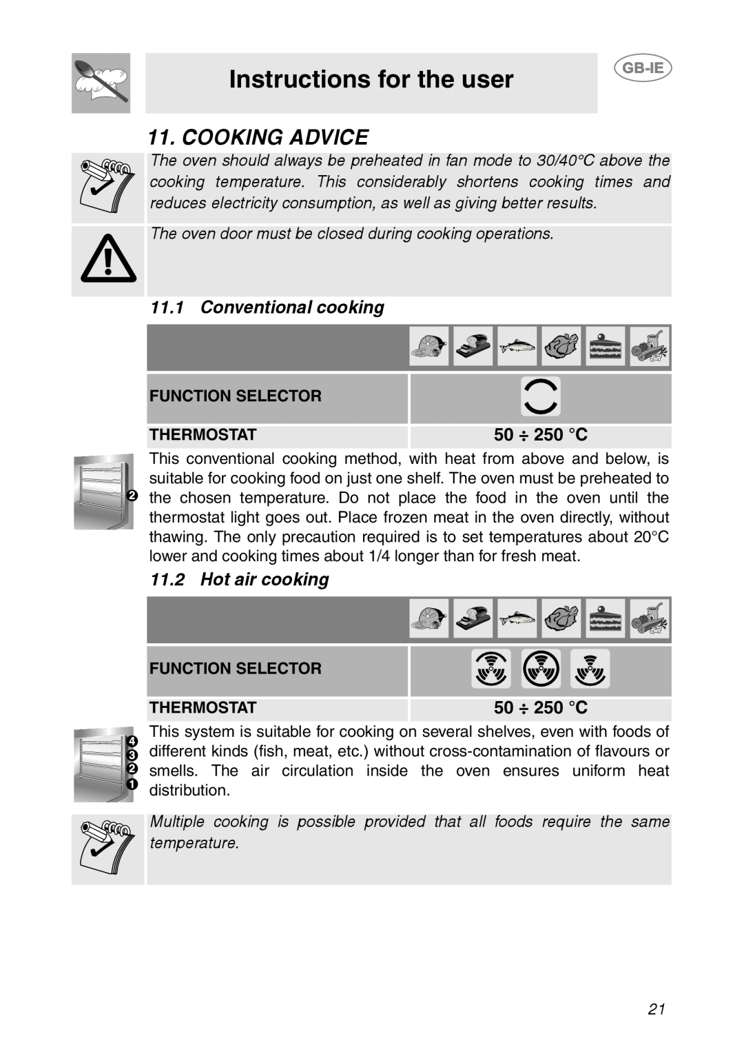 Smeg SC06MFX, SC08MFX, SC04MFX manual Cooking Advice, 50 ÷ 250 C, Instructions for the user, Function Selector, Thermostat 