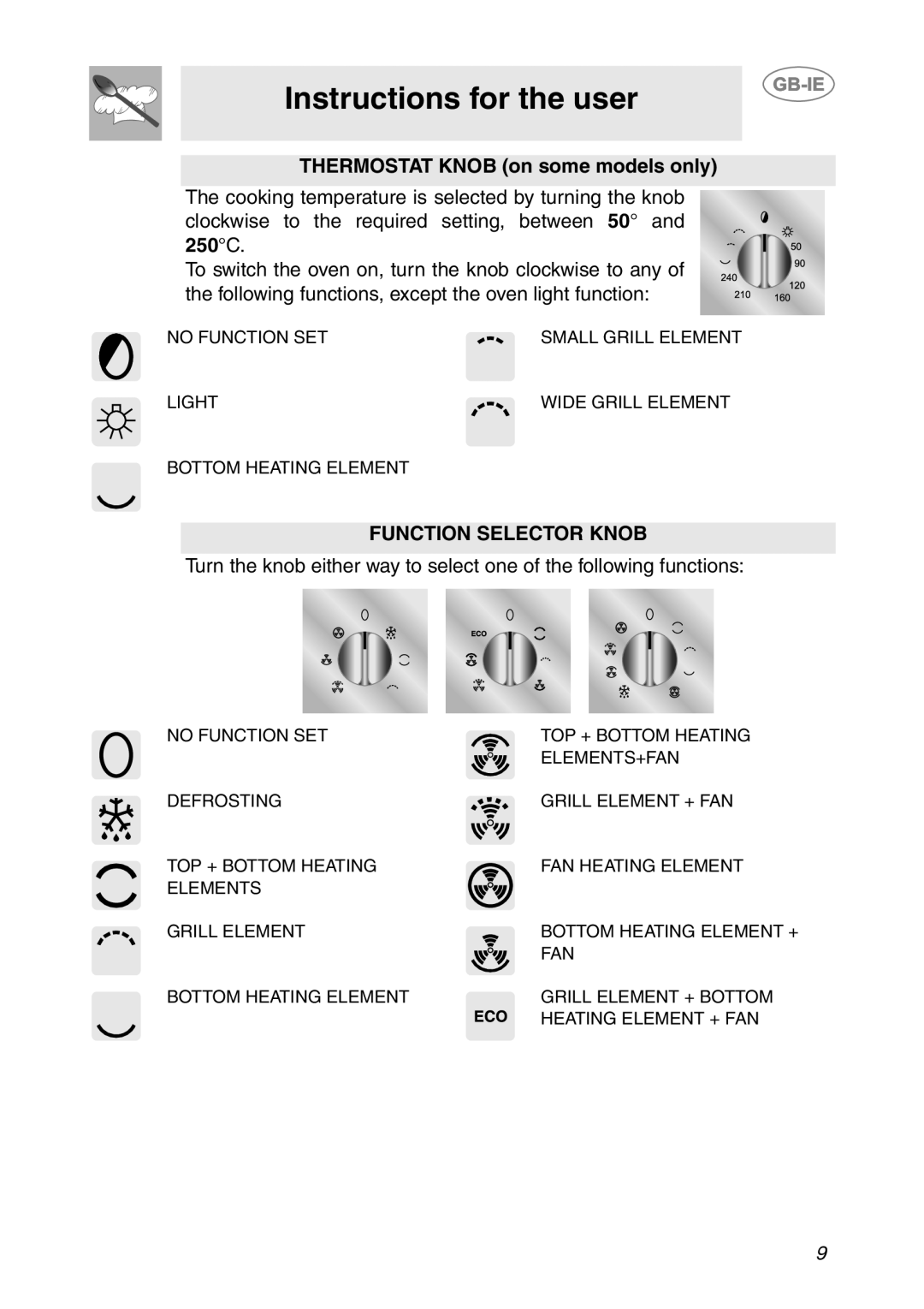 Smeg SC06MFX, SC08MFX, SC04MFX manual Instructions for the user, THERMOSTAT KNOB on some models only, Function Selector Knob 
