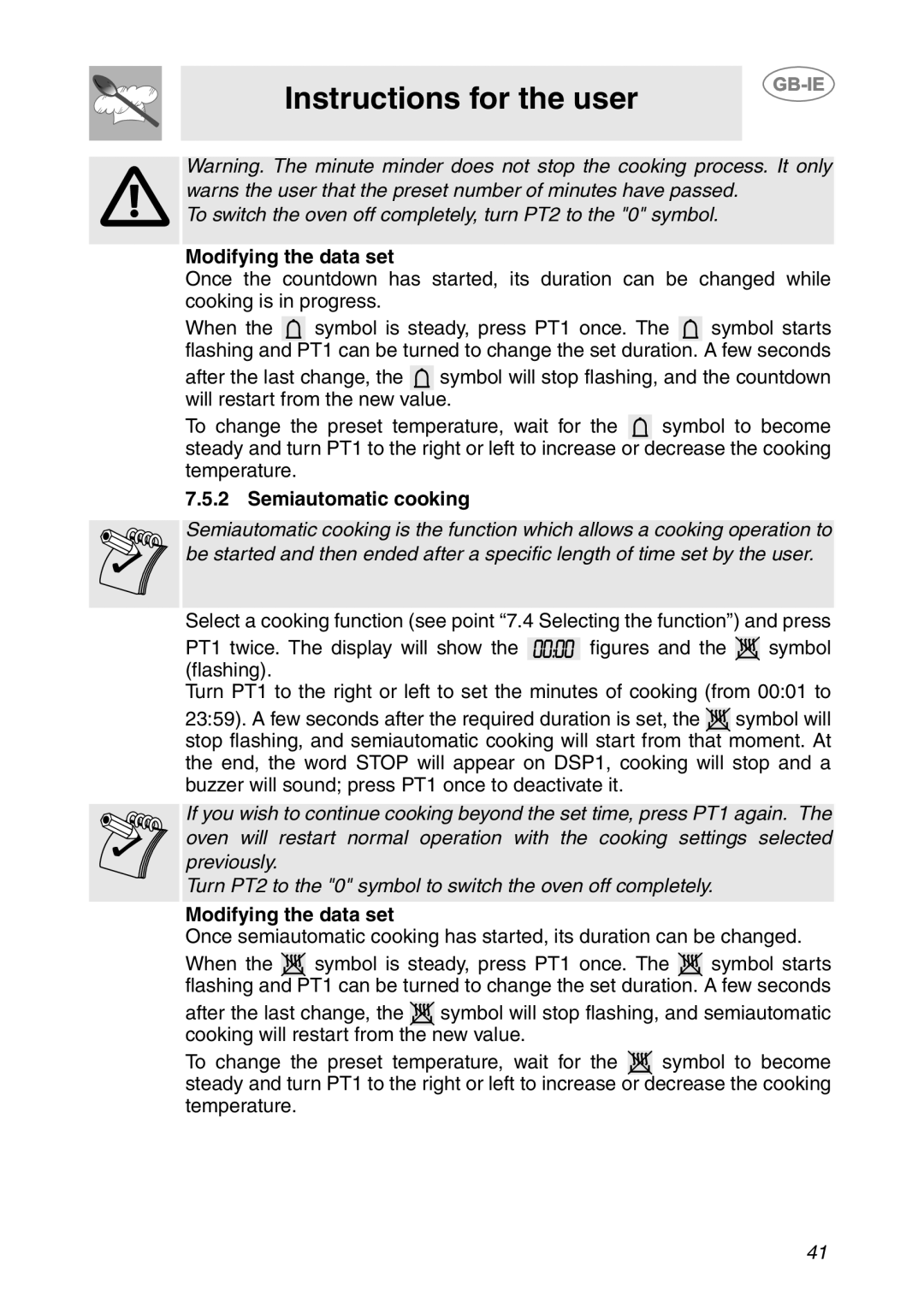 Smeg SC106ALU manual Modifying the data set, Semiautomatic cooking 