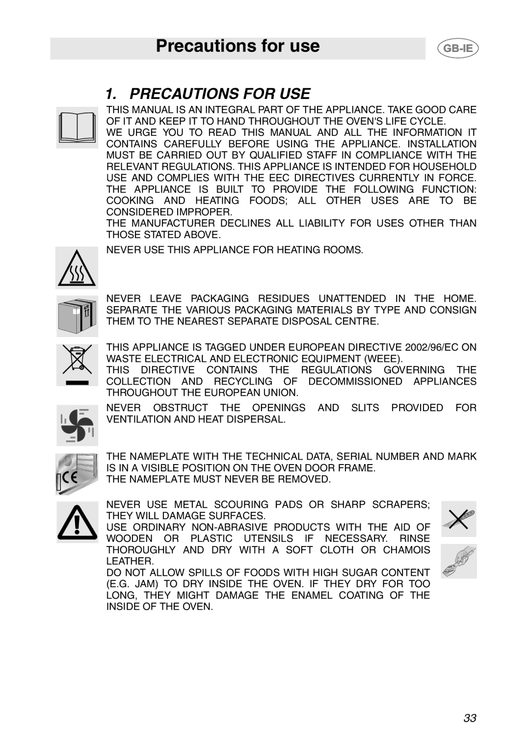 Smeg SC106ALU manual Precautions for use, Precautions for USE 