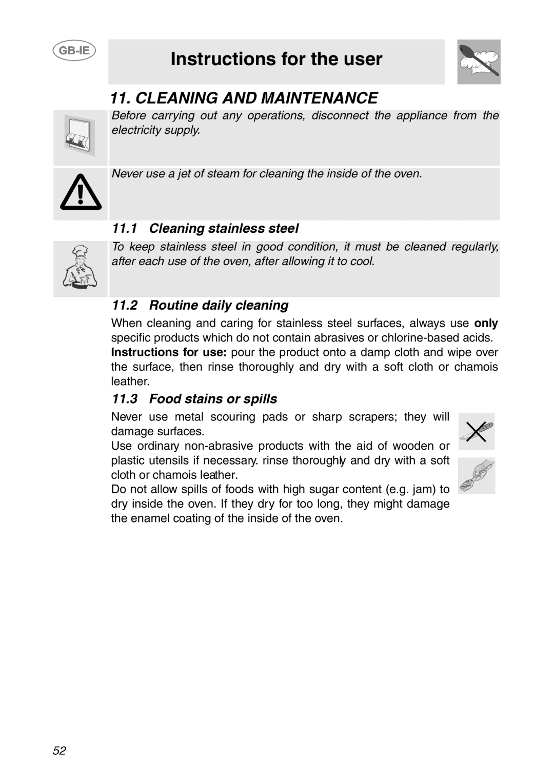 Smeg SC106ALU manual Cleaning and Maintenance, Cleaning stainless steel, Routine daily cleaning, Food stains or spills 